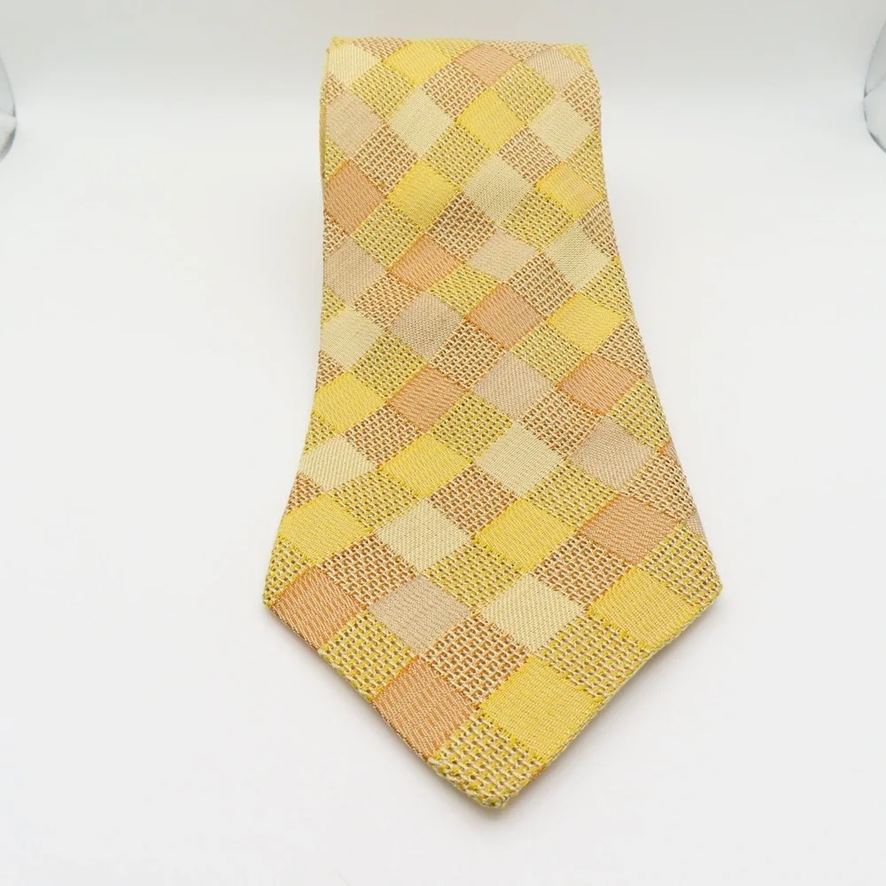 Ermenegildo Zegna Tie Silk Yellow Checkerboard 4" Wide 57" Long Italy - Picture 3 of 7